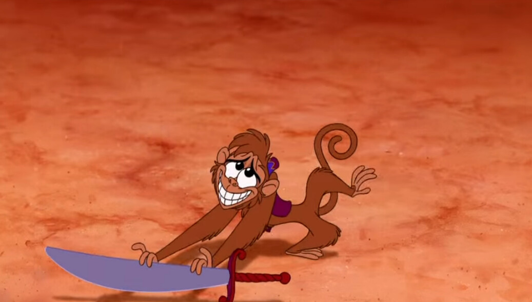 a cartoon monkey holding a sword by the blunt side of the blade